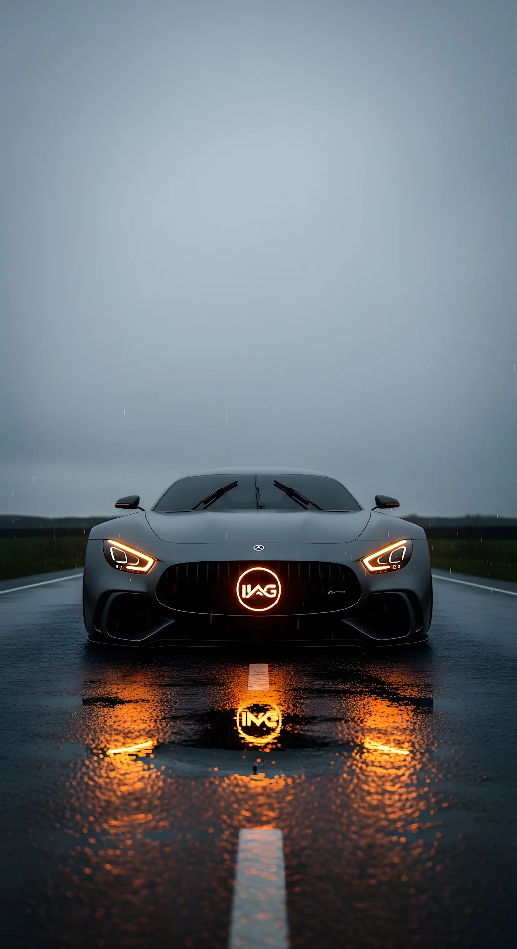 Mercedes AMG GT Sports Car Glowing Logo Rain Reflection - Free 4K mobile Wallpaper