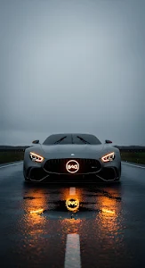 Mercedes AMG GT Sports Car Glowing Logo Rain Reflection