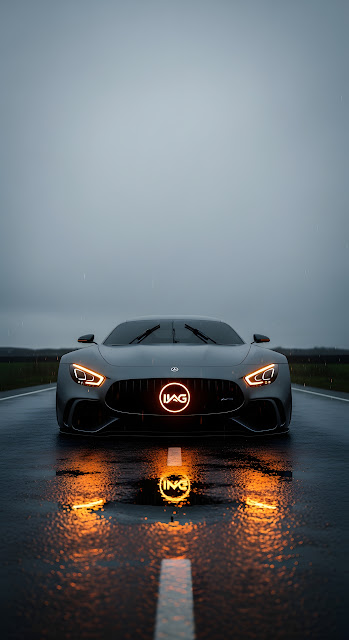 Mercedes AMG GT Sports Car Glowing Logo Rain Reflection - Free mobile Wallpaper