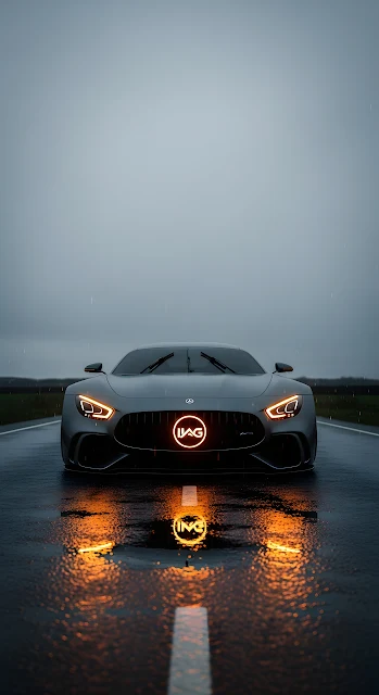 Mercedes AMG GT Sports Car Glowing Logo Rain Reflection