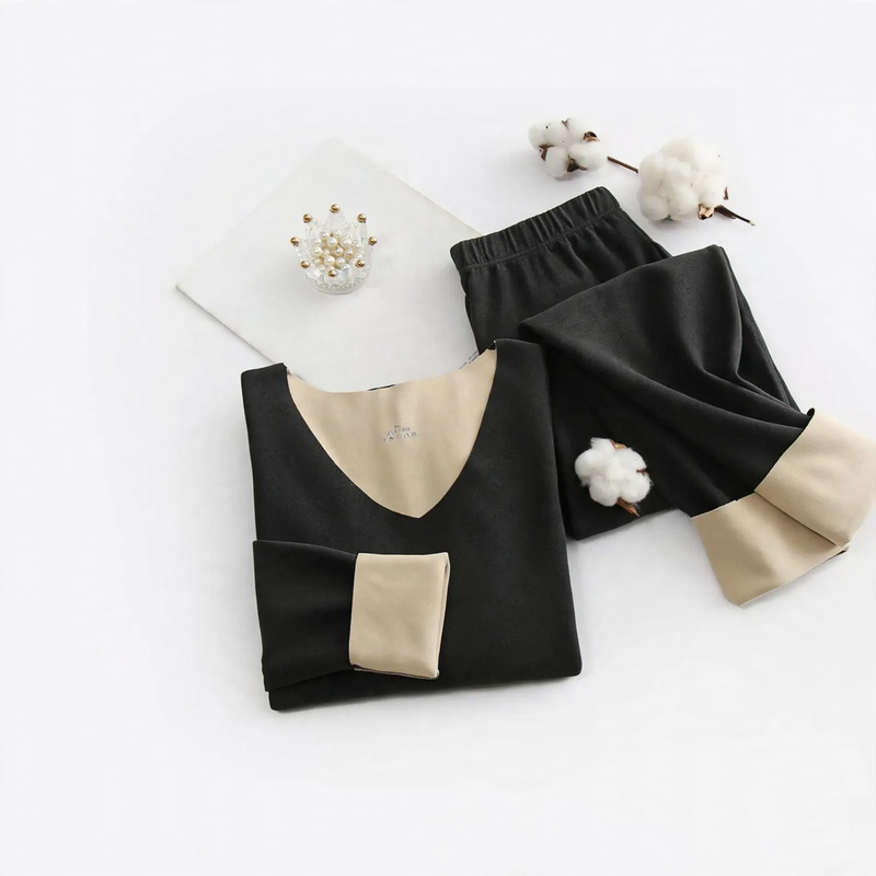 Thermal underwear set with V-neck, double-sided lined