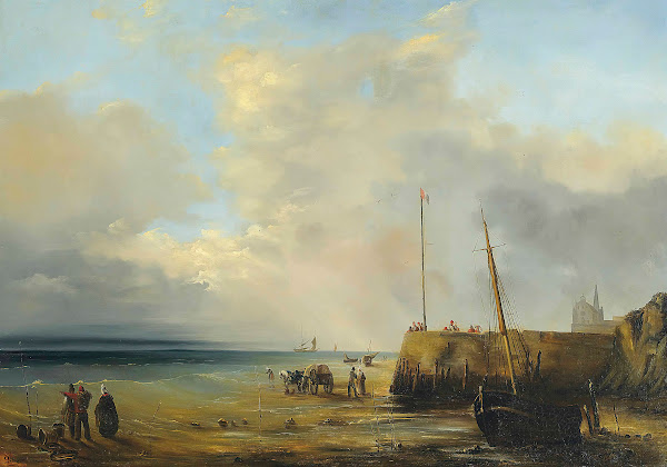 Fishermen at the harbour wall low tide 1833