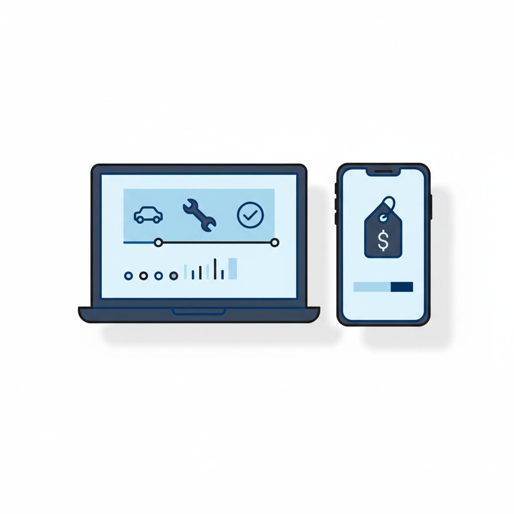 Overhead vector illustration of a laptop displaying a vehicle history report beside a phone showing a price analysis label in CarFax Deals blue for minivans for sale