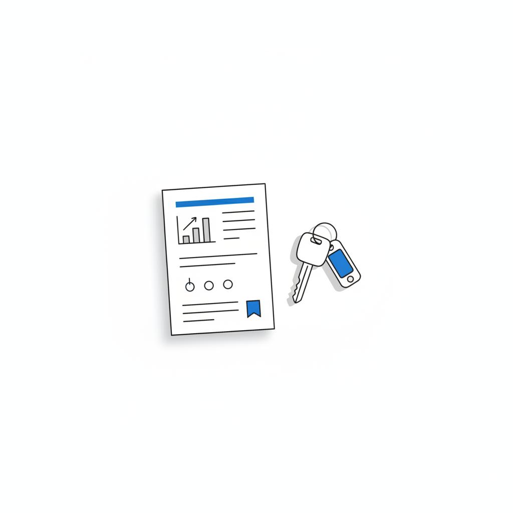 Minimalist vector of a vehicle history report beside car keys on a white table symbolizing decision making chevy tahoe for sale