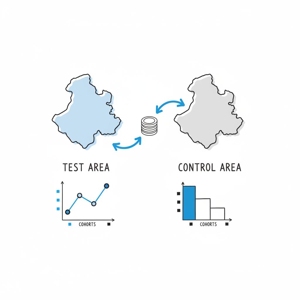 Is PPC still worth it &mdash; minimalist vector planner sketch of two geographic regions for a geo holdout test, arrows showing ad-spend flow and small cohort LTV charts