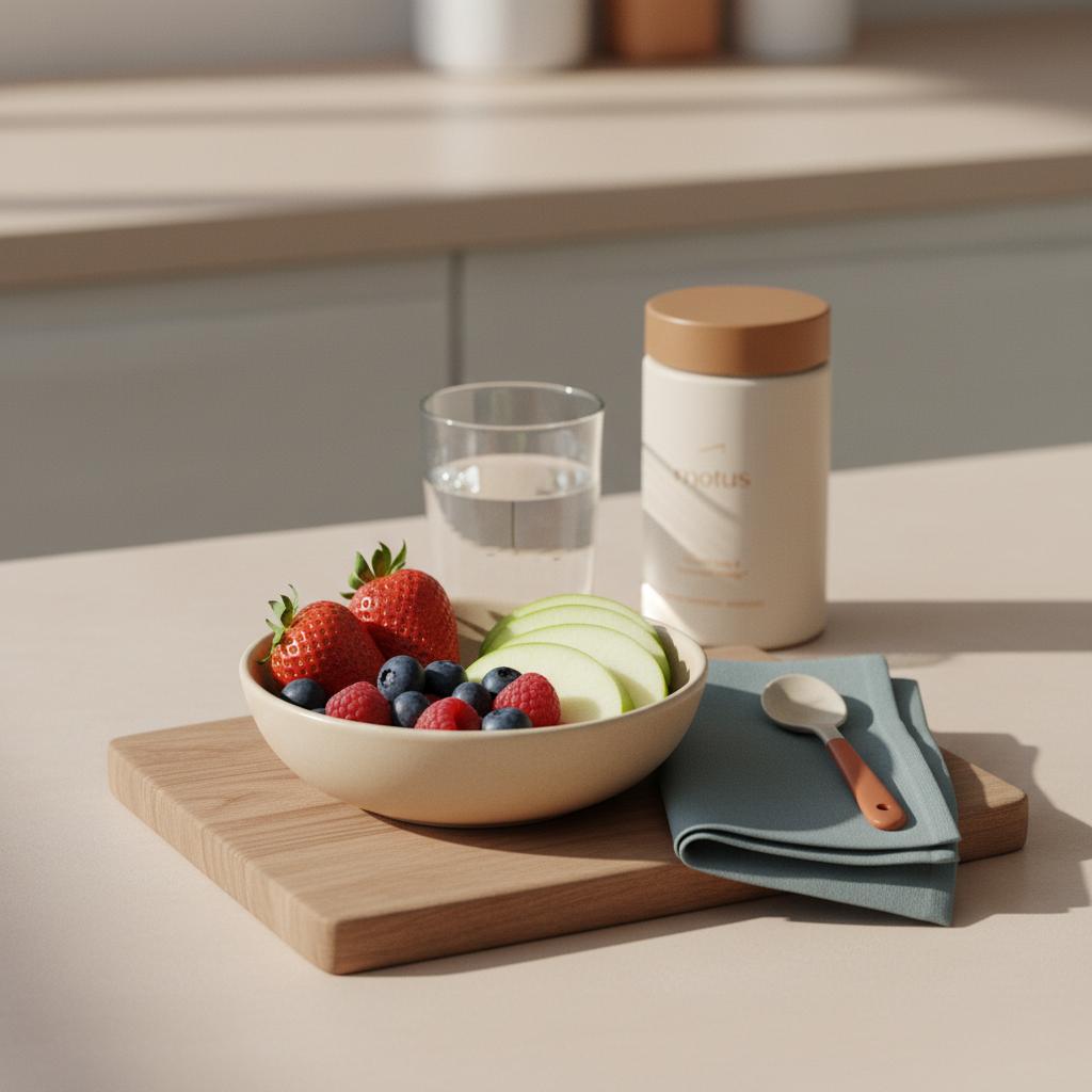 Can I eat fruit if I quit sugar — bowl of mixed berries and apple wedges on a wooden cutting board with Tonum Motus container and a glass of water in a minimalist kitchen scene.