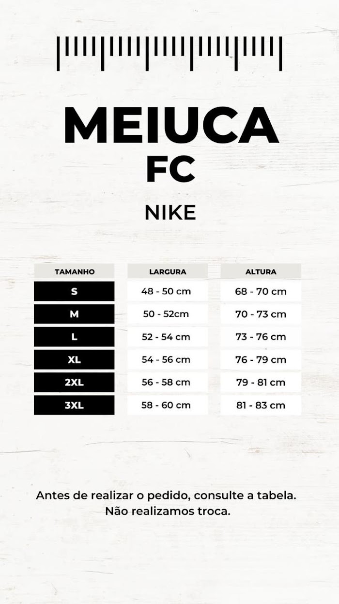 Tabela de medidas Nike
