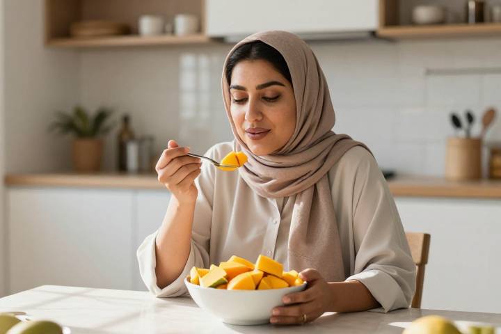 امرأة تتناول فاكهة المانجو الطازجة