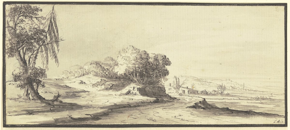 Weite hügelige Landschaft mit einer Straße 1744