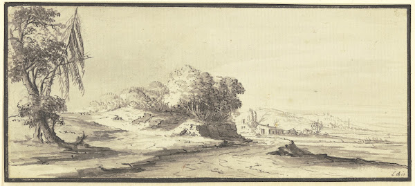 Weite hügelige Landschaft mit einer Straße 1744