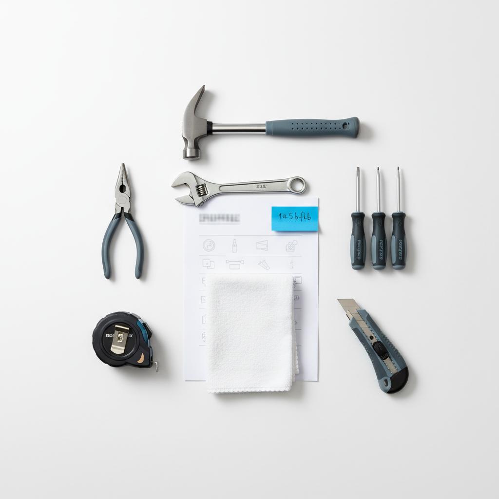 Top-down tidy workbench with neatly arranged tools and a partially visible one-page service sheet on white background, slate shadows and blue accents, advertise myself as a handyman