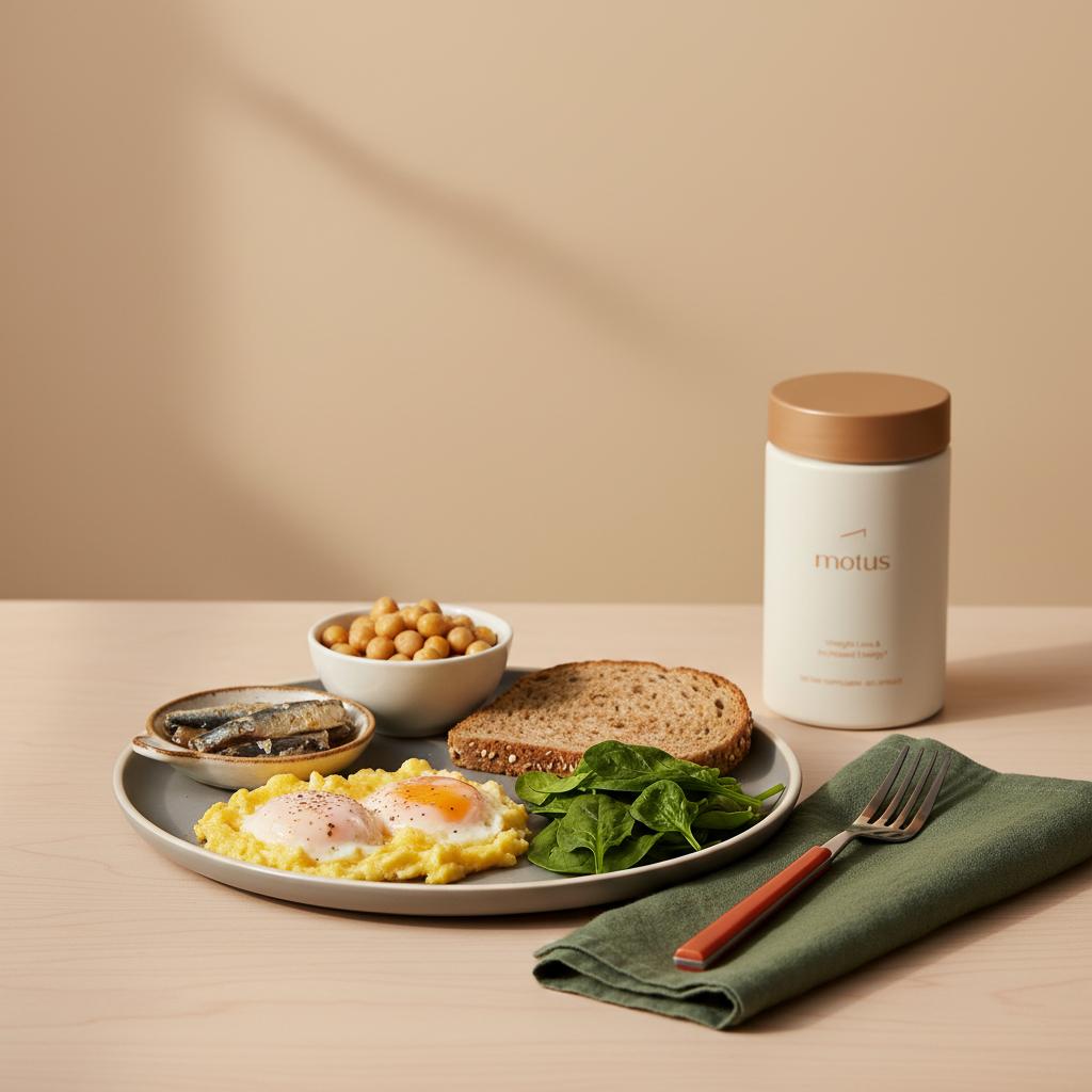 Minimal breakfast with eggs, sardines, spinach, chickpeas and whole grain toast beside a Tonum supplement container, illustrating which vitamin boosts dopamine