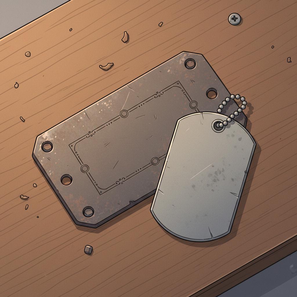 Jäger Grüße: 2D-Vektor-Nahaufnahme eines gravierten Metallschilds und einer Hundemarke auf Holz, Cortenstahl- und Edelstahl-Textur, warme Beleuchtung, minimalistisch