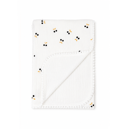 Детский плед Twins муслиновый двойной 110х80 двухслойный с помпонами white/cherry