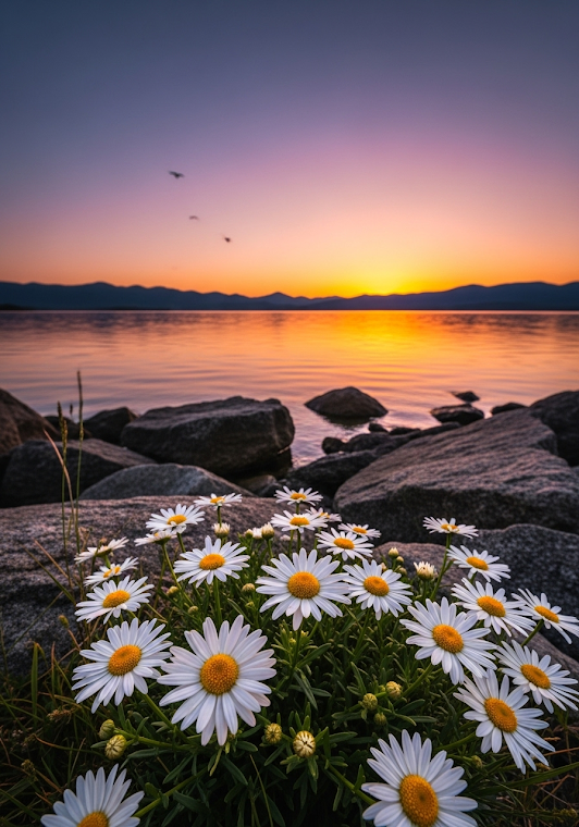 Daisies and Sunset Over Mountain Lake