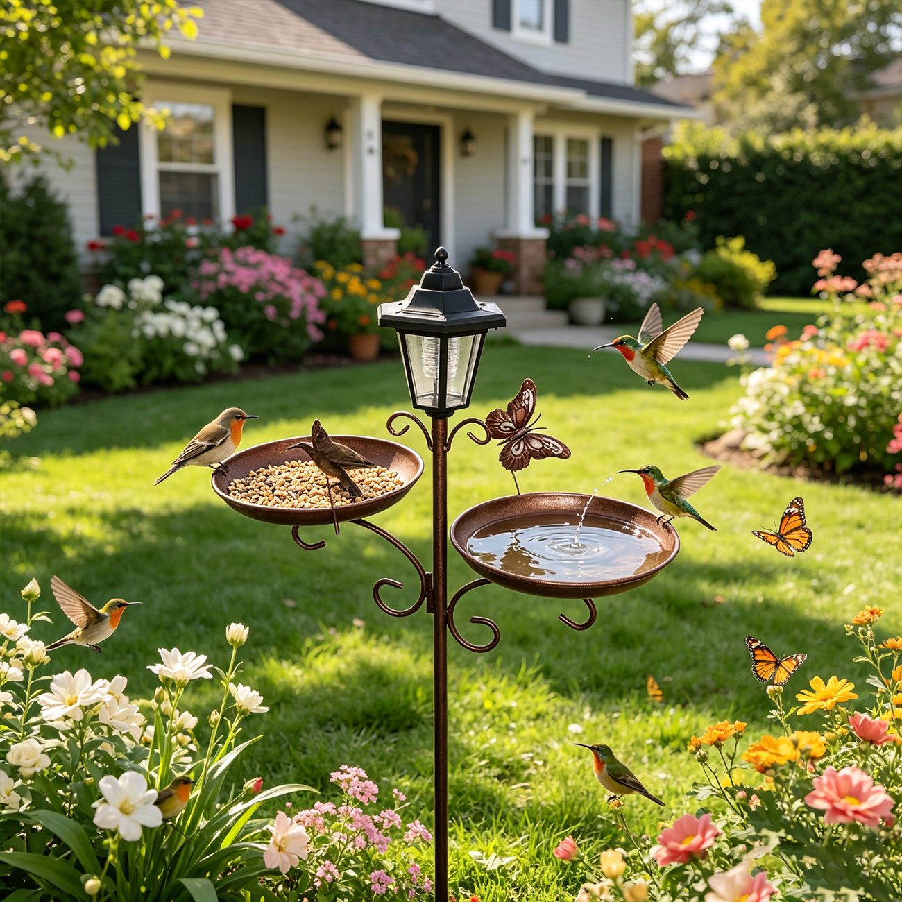 Solar Bird Bath and Feeding Station Made of Iron