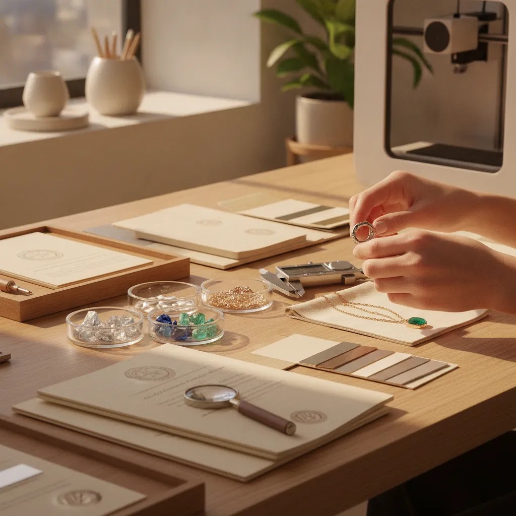 Sustainable OEM jewelry validation process with prototypes, gemstones, and sourcing documentation for B2B brands