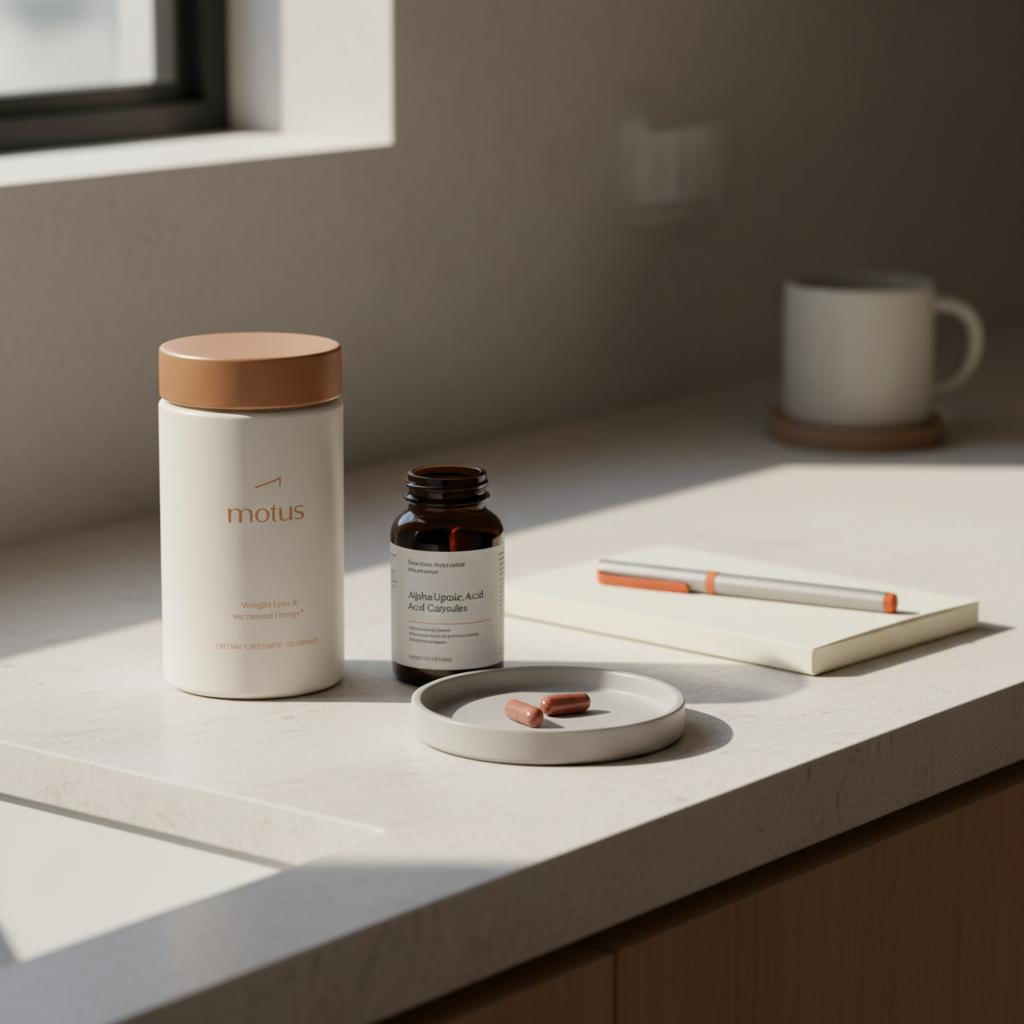 Minimalist kitchen counter with Tonum Motus container, bottle of alpha-lipoic acid capsules, two capsules on a ceramic dish, notebook and pen promoting alpha lipoic acid weight loss