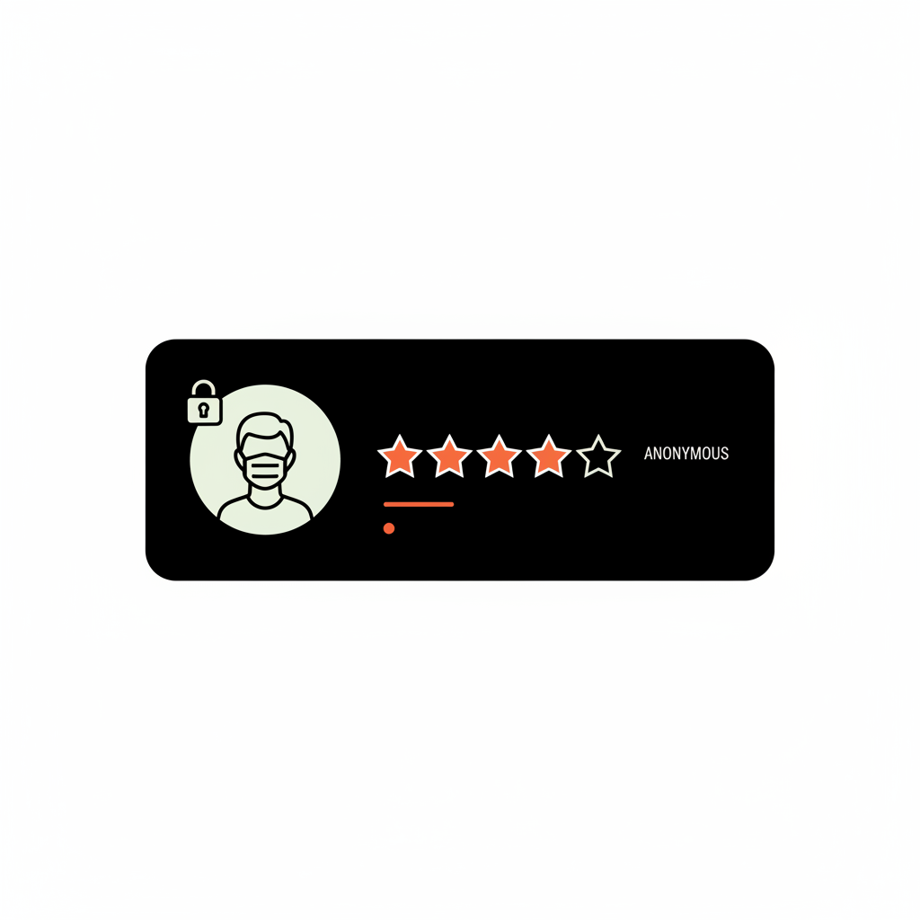 Minimal infographic of a stylized review card with masked avatar and lock icon on black background, clean vectors and accent highlights illustrating google reviews anonymous