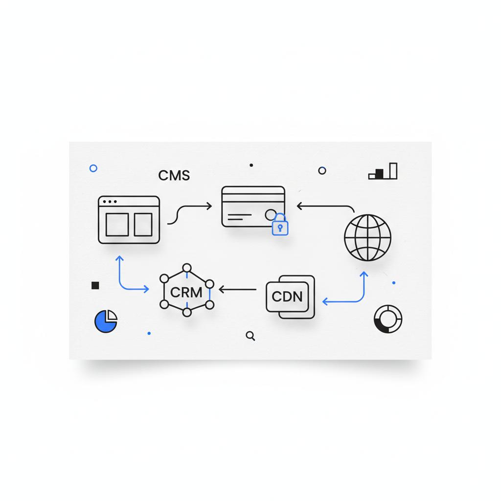 Minimal vector tech-stack diagram (CMS, payment gateway, CRM, CDN) on white background with blue accents &mdash; what is the best website maker for small business?