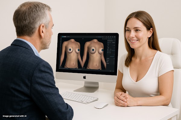 Un médecin montrant à une patiente une simulation mammaire 3D sur un ordinateur lors d’une consultation en chirurgie esthétique à l’aide du logiciel Crisalix.