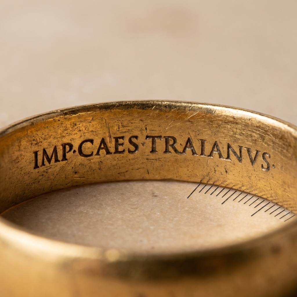 Macro full frame view of a gold ring stamped roman inner band inscription with a millimetre scale beside it on a warm beige Aurora Antiqua background
