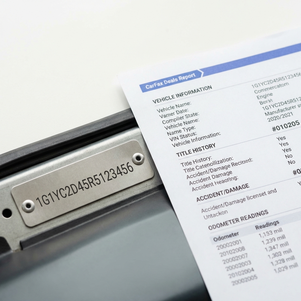 Close up of VIN plate and printed CarFax vehicle history report on white table showing clear details for suv for sale near me