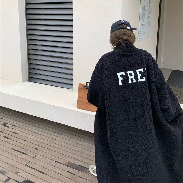 Long women's lamb fleece coat, standing collar, single-breasted