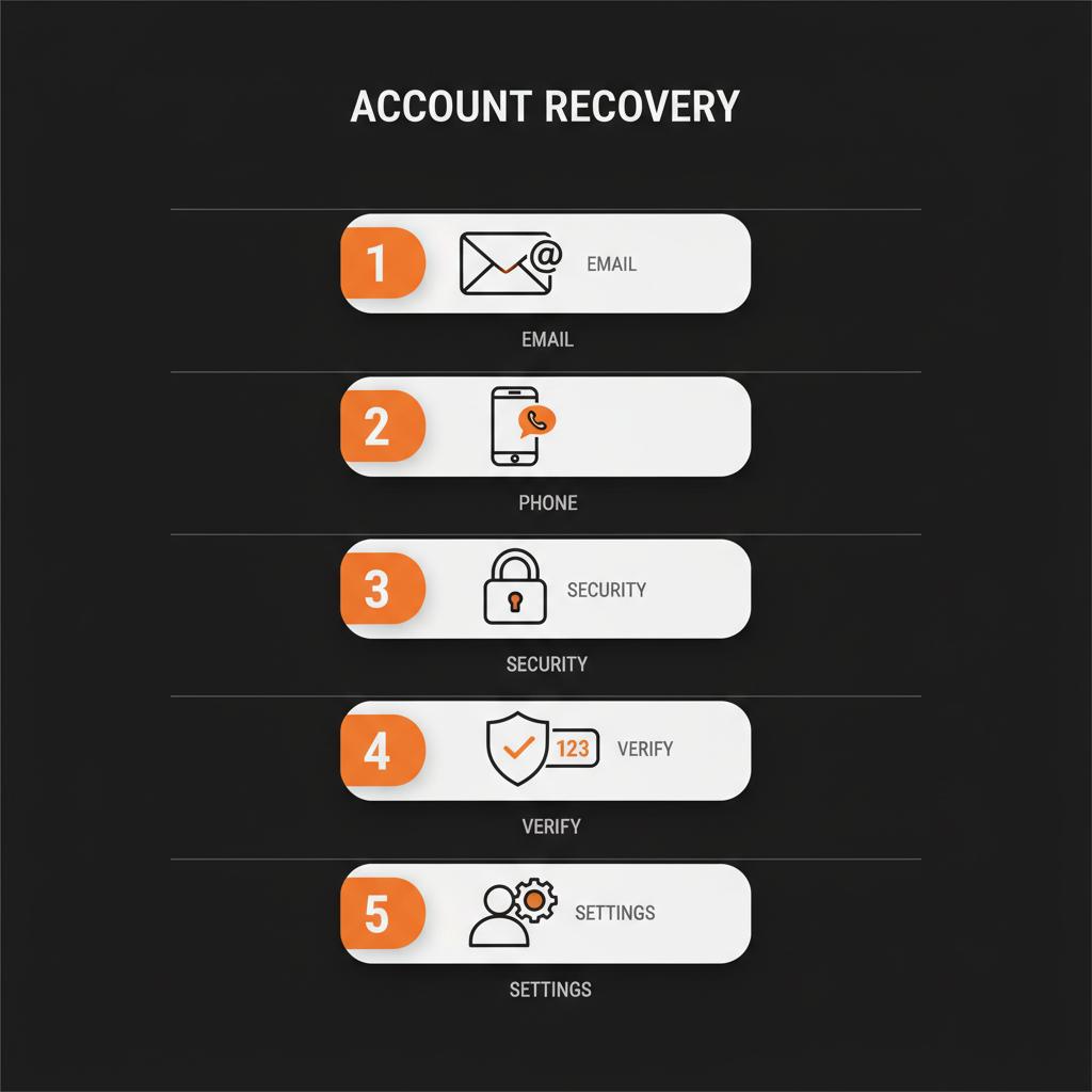 Minimal full-frame infographic with five numbered step icons to recover Google password, flat vector icons on black background with light font #edf1e9 and orange accents #dc5c2b.