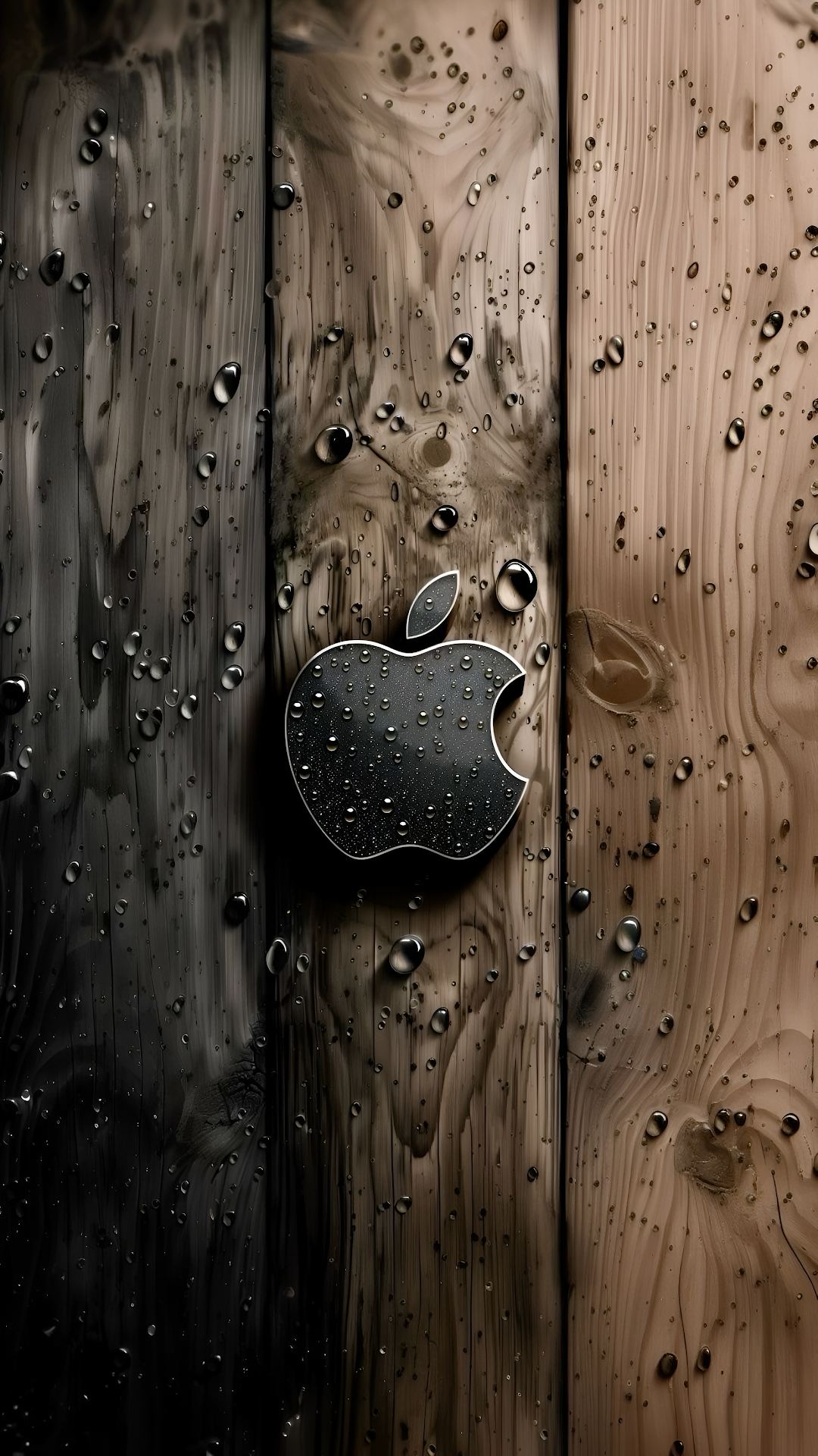 Wet Wood Grain Apple Logo Chrome Rain Drops Texture - Free 4K mobile Wallpaper