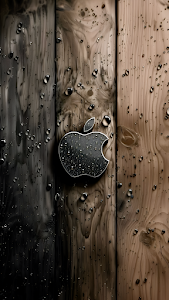 Wet Wood Grain Apple Logo Chrome Rain Drops Texture