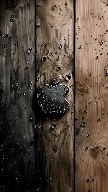Wet Wood Grain Apple Logo Chrome Rain Drops Texture - Free mobile Wallpaper
