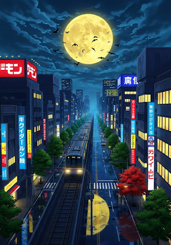Anime Japan Night Train Full Moon Bats Cityscape
