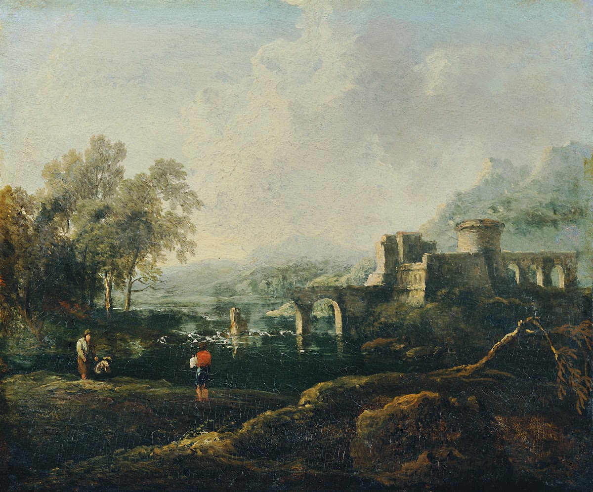 Ideale Landschaft mit Fluss und Brückenruine Der Morgen 1770 1780