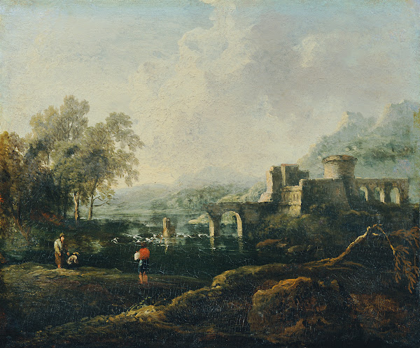 Ideale Landschaft mit Fluss und Brückenruine Der Morgen 1770 1780