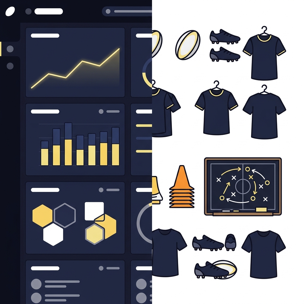 Minimal 2D vector split image with a sports data dashboard on the left and warm up equipment on the right in Funded Plays colors representing six nations odds