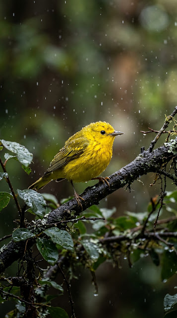 Small Yellow Bird Perched on a Branch During a Rainstorm - Free mobile Wallpaper