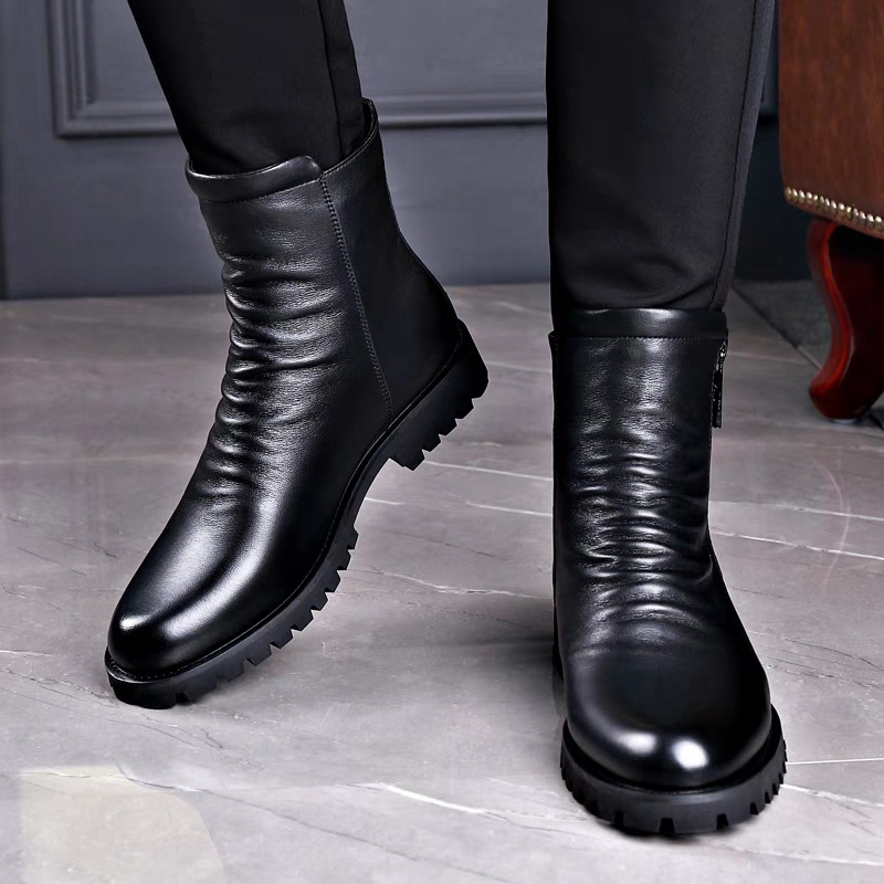 Men's leather boots, British style, with zipper