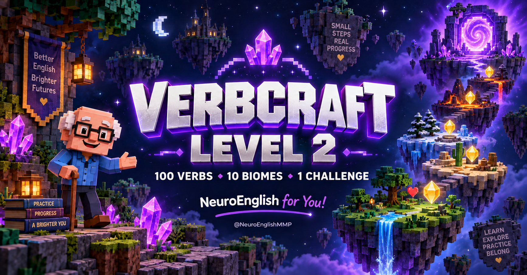 VerbCraft Level 2: aventura de amatista, 100 verbos y diez biomas. NeuroEnglish for You!