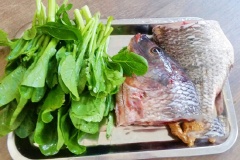 Cá rô phi chọn mua những con còn sống, mập mạp, đem cá làm sạch, rửa lại với nước, để ráo. Cho cá vào nồi luộc, thêm nhánh gừng đập dập. Rau cải rửa sạch, cắt đôi, để ráo nước.