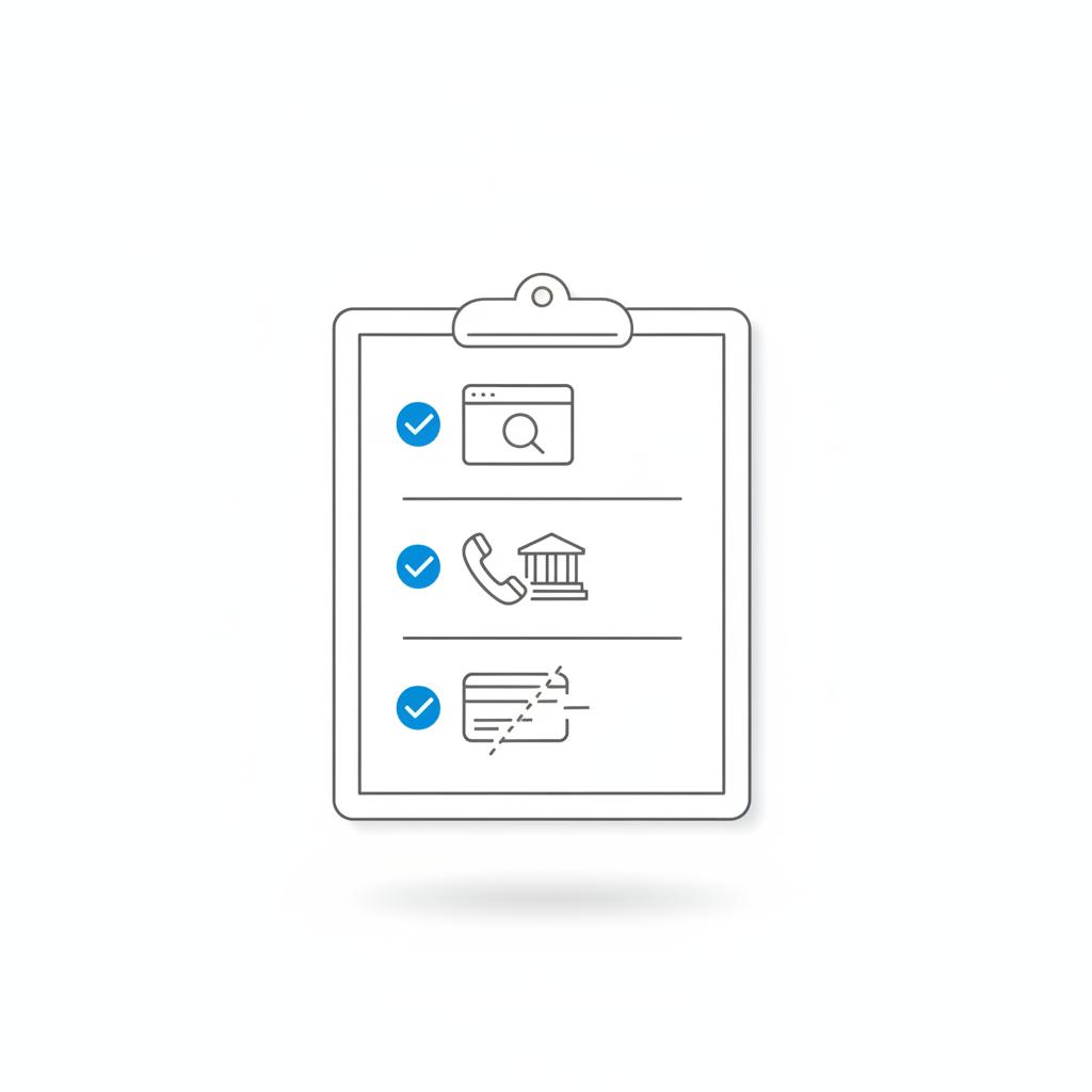 Minimal vector clipboard checklist illustrating steps to resolve a Google Services charge: check search, call bank, remove card, in Agency Visible brand colors.