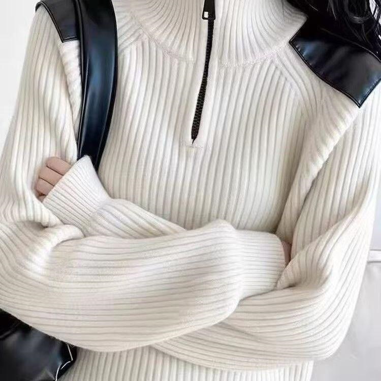 Women's knit sweater with zipper and stand-up collar
