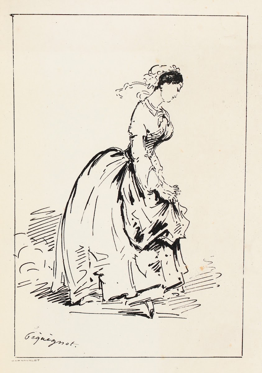 Femme de profil allant sur la droite remontant son tablier 1850