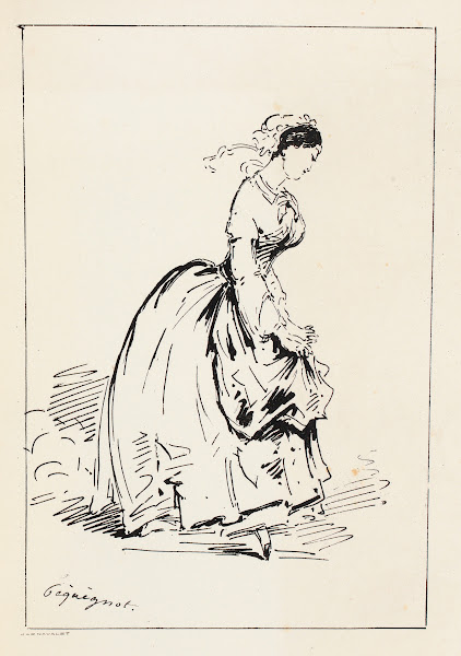 Femme de profil allant sur la droite remontant son tablier 1850