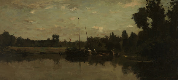 Landschap met schepen op een rivier in de avond 1866