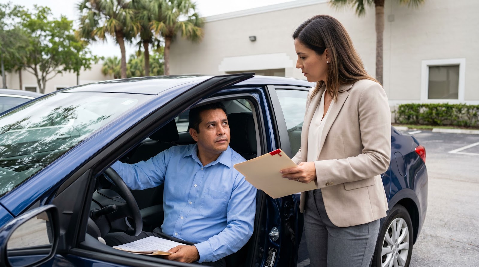 Hispanic driver discussing florida 4th of july dui car insurance consequences after a DUI arrest in Florida