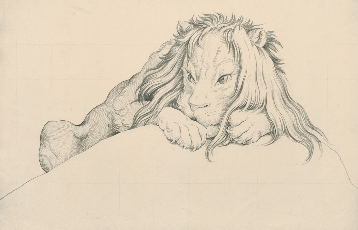 A lion partly hidden behind an elevation
