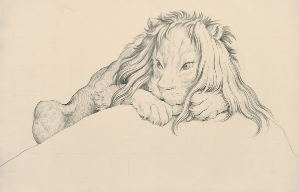 A lion partly hidden behind an elevation