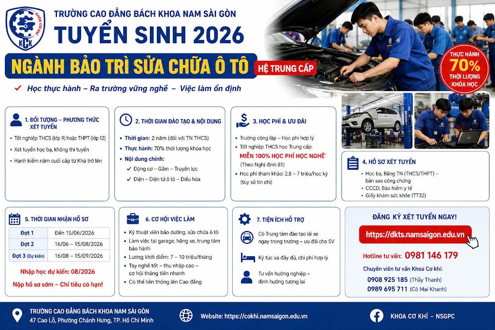 Học Trung Cấp Sửa Chữa Ô Tô - Miễn 100% Học Phí, Ra Trường Làm Ngay!