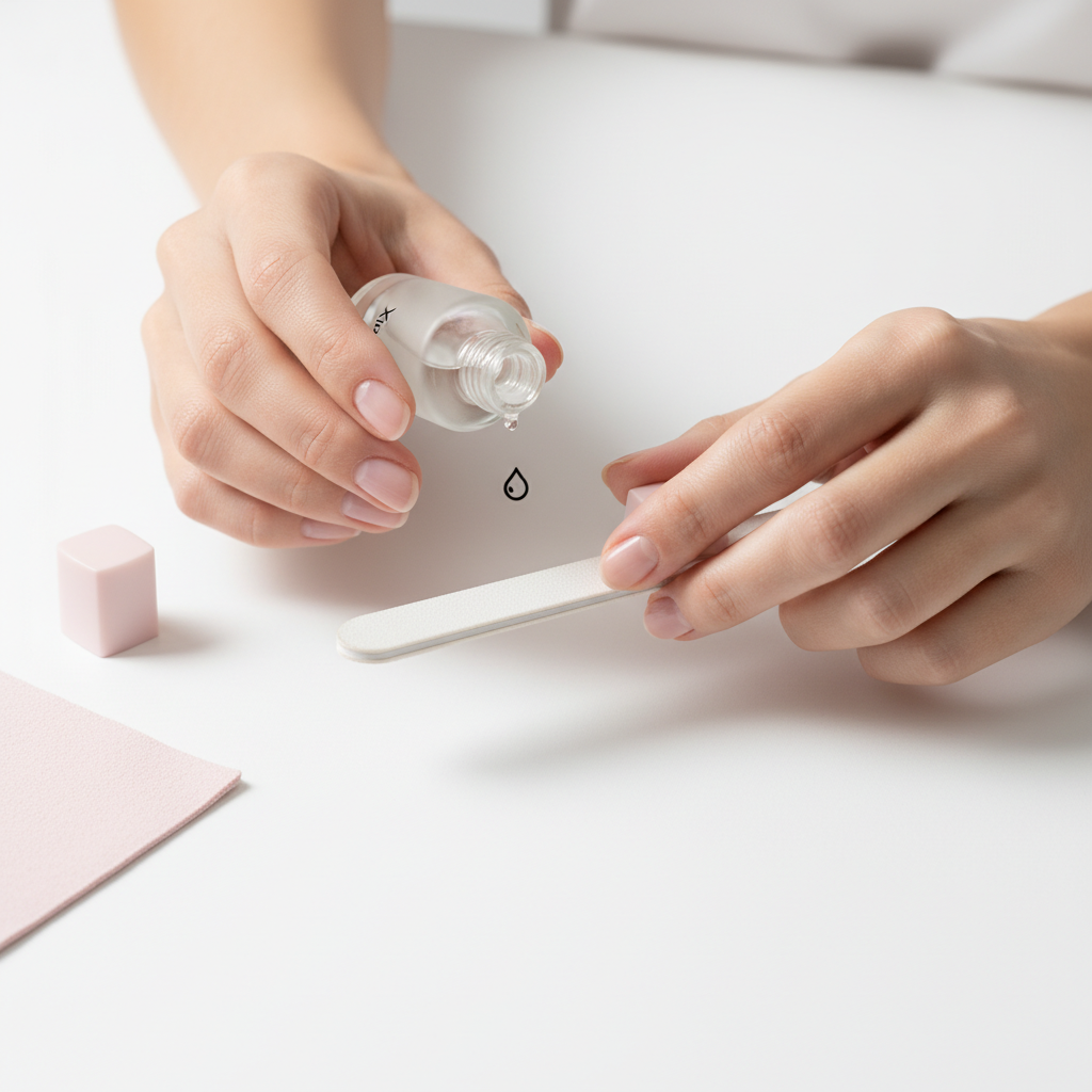 Nahaufnahme: Hände bei Nagelpflege auf weißem Tisch, ein Tropfen Nagelöl trifft den Nagel, andere Hand feilt mit Soft-File – Längsrillen in Fingernägeln sichtbar, dezente Akzente #f57fb6.